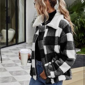 Women's Winter Faux Fur Coats Long Sleeve plaid Button Down Pockets Fleece Sherp